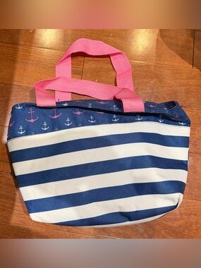 Nautical Stripe Tote with Pink Handles lunch bag